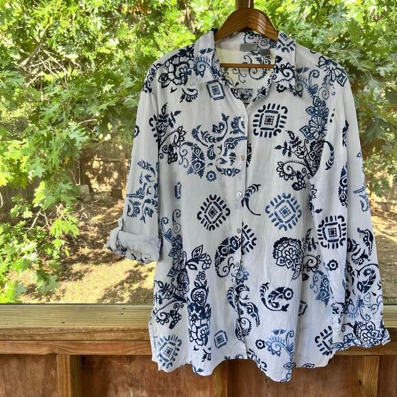 Chico's Women's White And Blue 100% Linen Paisley Print Top Size 3 (XL) - Picture 3 of 9
